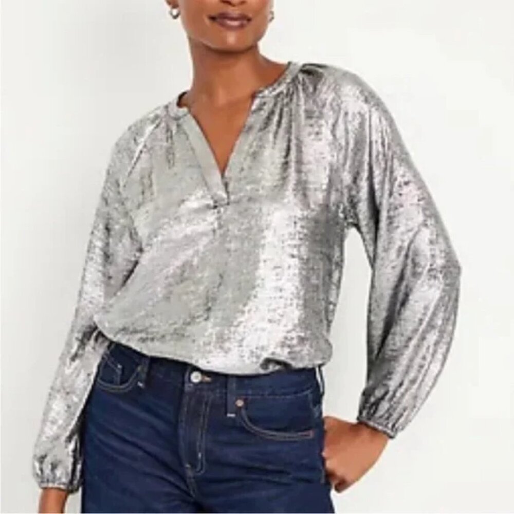 Old Navy Shiny Metallic Silver Top - NWOT